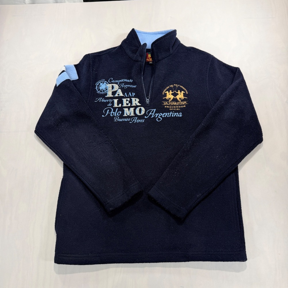 La Martina Palermo Argentina Polo Fleece Quarter Zip Jacket Navy Blue Men Medium